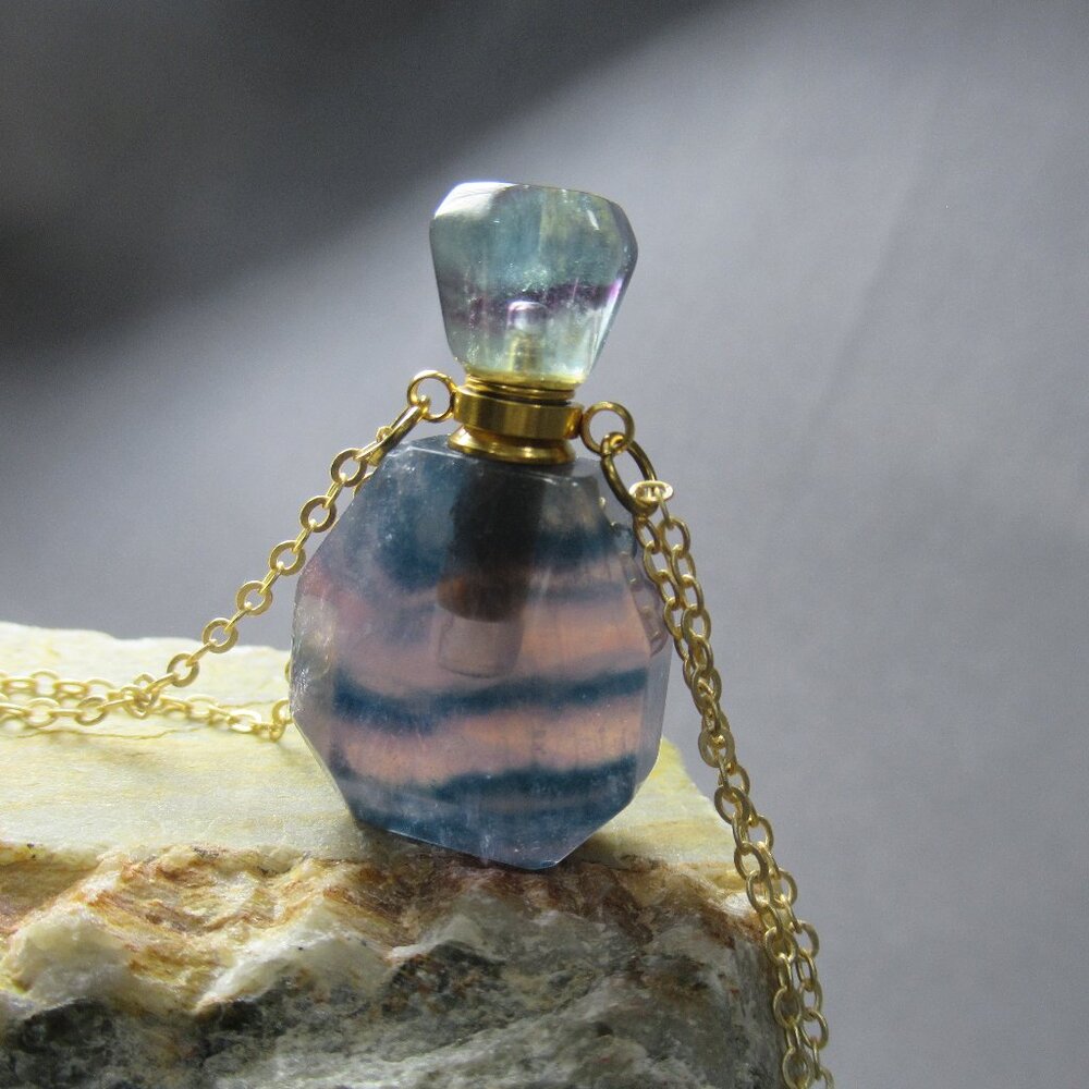 Gemstone Perfume Bottle, Rainbow Fluorite and Brass